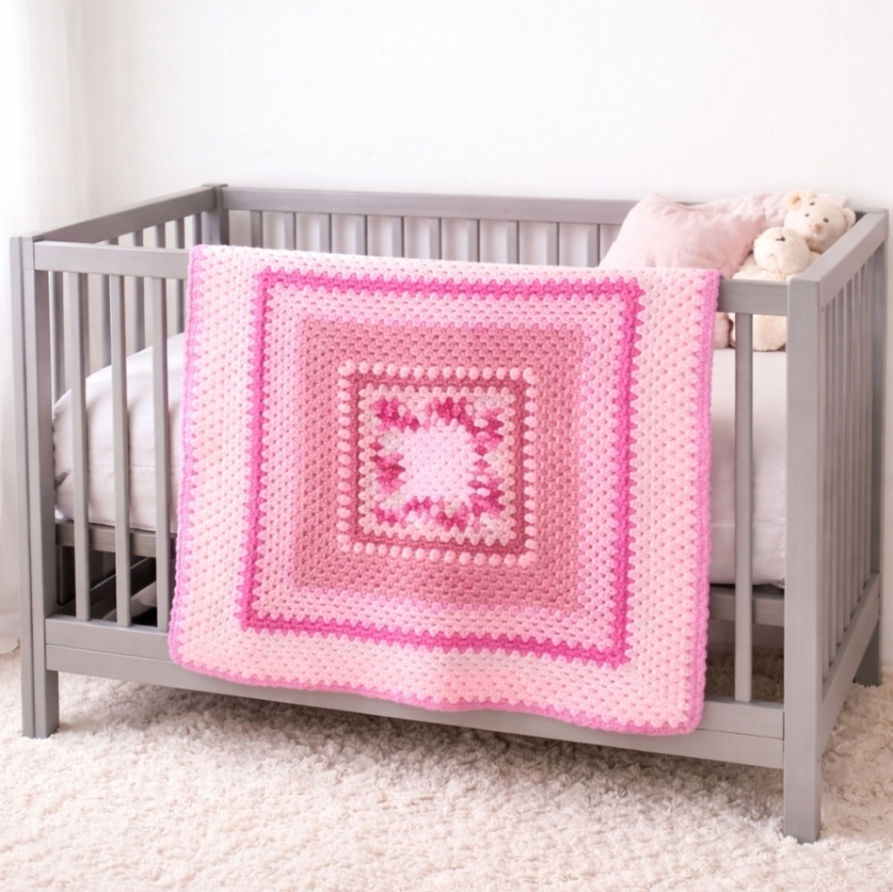 Handmade Pink Crocheted Granny Square Crib Blanket Baby Blanket - New